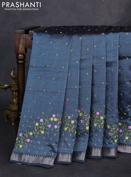 Mangalgiri silk cotton saree grey with allover embroidery buttas and embroidery border