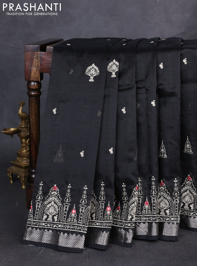 Mangalgiri silk cotton saree black with embroidery buttas and embroidery border