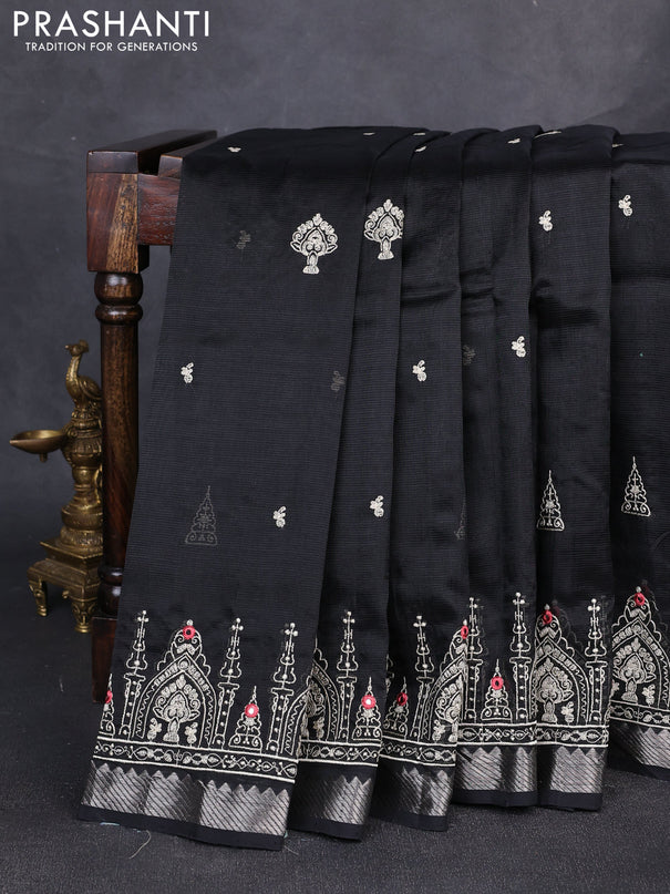 Mangalgiri silk cotton saree black with embroidery buttas and embroidery border