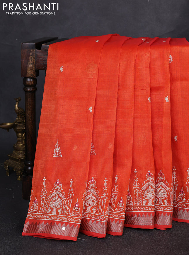 Mangalgiri silk cotton saree orange with embroidery buttas and embroidery border