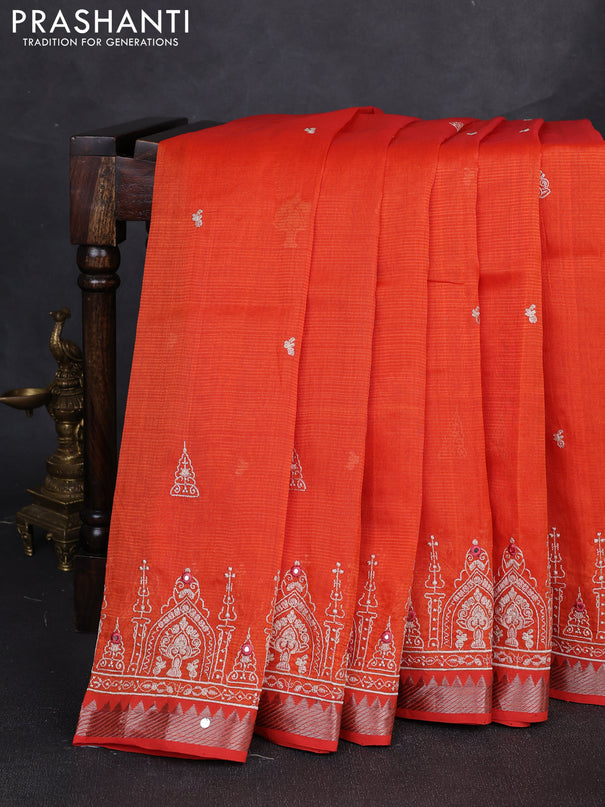 Mangalgiri silk cotton saree orange with embroidery buttas and embroidery border