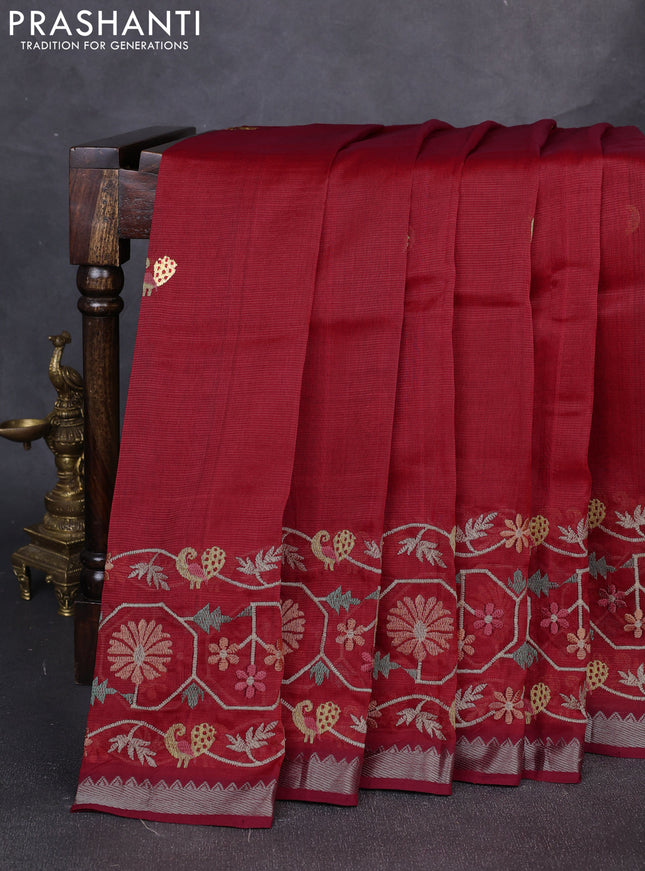 Mangalgiri silk cotton saree maroon with embroidery floral buttas and embroidery border