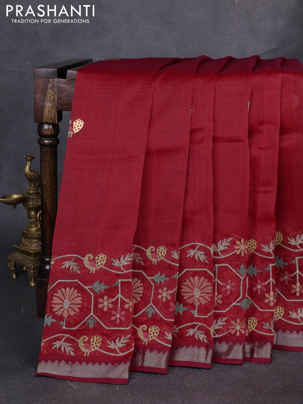 Mangalgiri silk cotton saree maroon with embroidery floral buttas and embroidery border