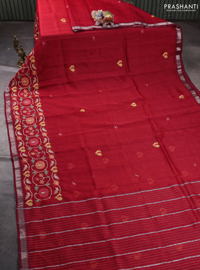 Mangalgiri silk cotton saree maroon with embroidery floral buttas and embroidery border