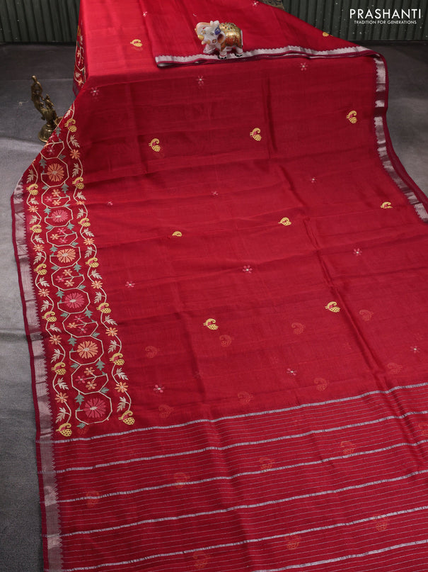 Mangalgiri silk cotton saree maroon with embroidery floral buttas and embroidery border