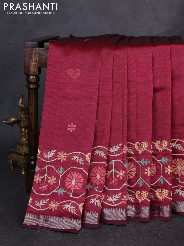 Mangalgiri silk cotton saree magenta pink with embroidery floral buttas and embroidery border