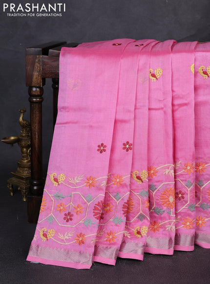 Mangalgiri silk cotton saree light pink with embroidery floral buttas and embroidery border