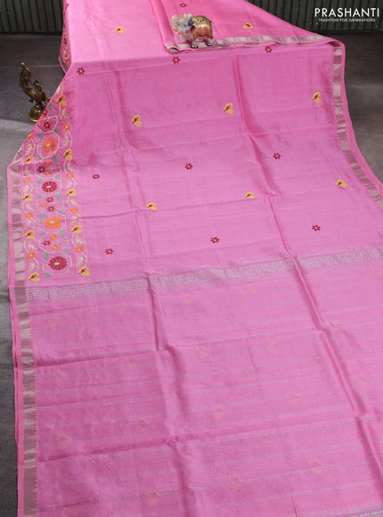Mangalgiri silk cotton saree light pink with embroidery floral buttas and embroidery border