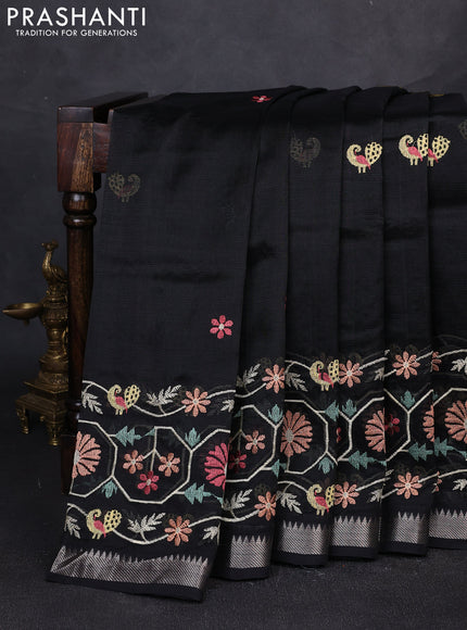 Mangalgiri silk cotton saree black with embroidery floral buttas and embroidery border