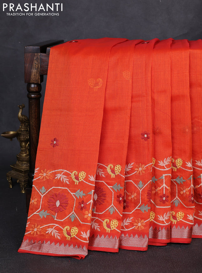 Mangalgiri silk cotton saree orange with embroidery floral buttas and embroidery border