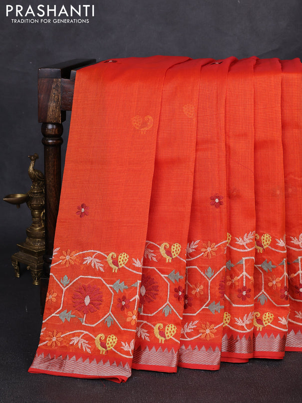 Mangalgiri silk cotton saree orange with embroidery floral buttas and embroidery border