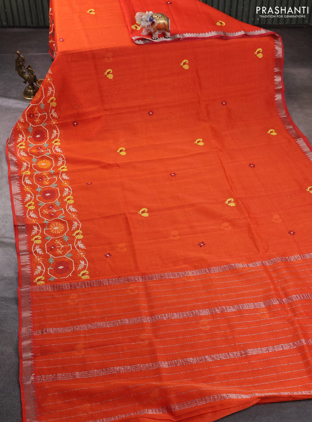 Mangalgiri silk cotton saree orange with embroidery floral buttas and embroidery border