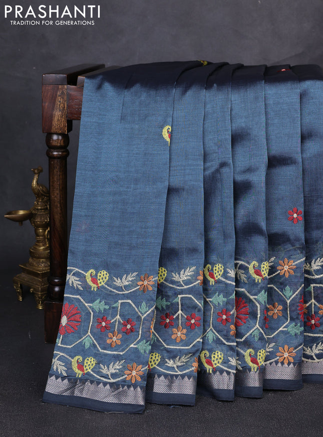 Mangalgiri silk cotton saree dark grey with embroidery buttas and embroidery border