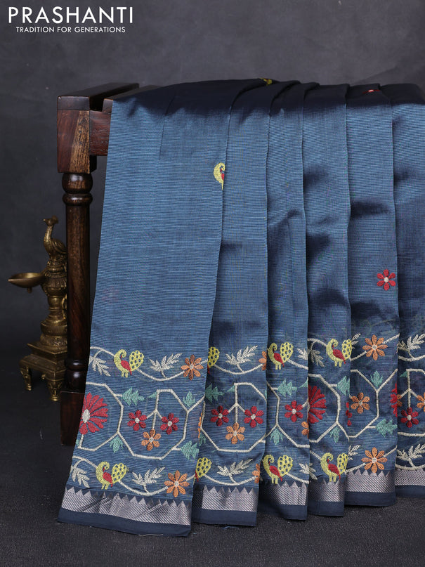 Mangalgiri silk cotton saree dark grey with embroidery buttas and embroidery border