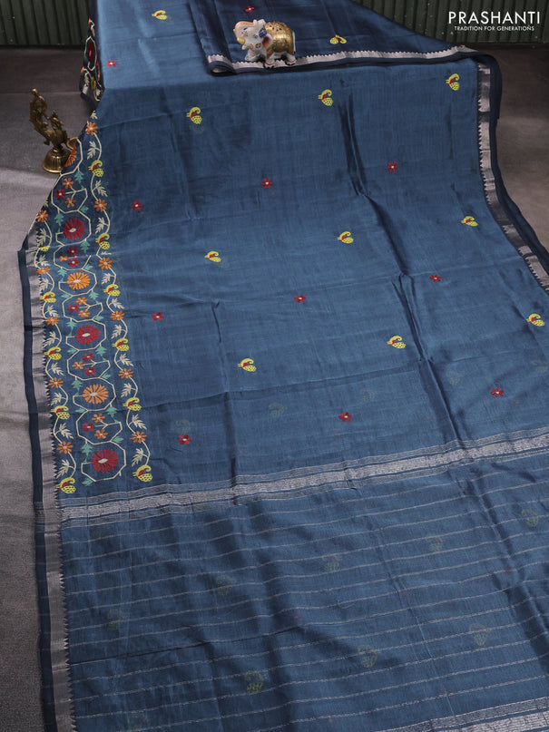 Mangalgiri silk cotton saree dark grey with embroidery buttas and embroidery border