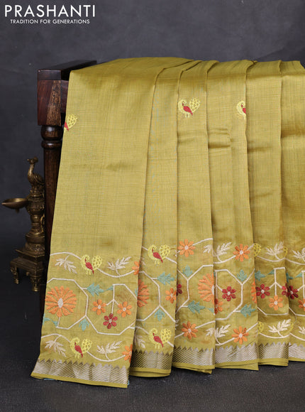 Mangalgiri silk cotton saree lime green with embroidery floral buttas and embroidery border