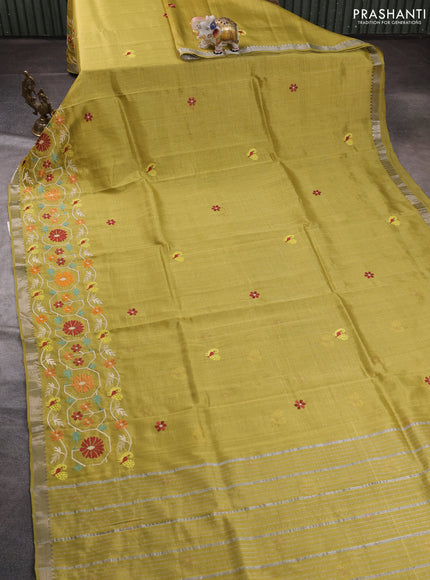 Mangalgiri silk cotton saree lime green with embroidery floral buttas and embroidery border