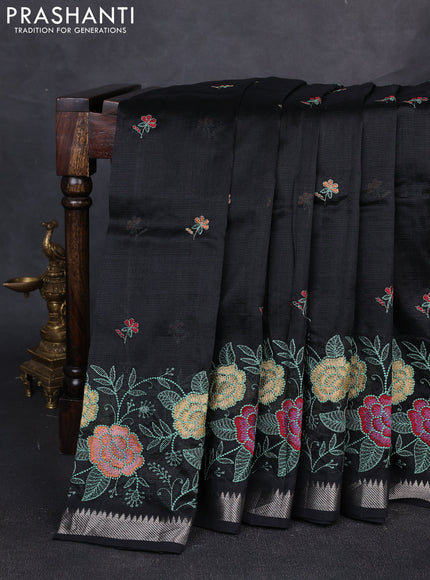 Mangalgiri silk cotton saree black with embroidery floral buttas and embroidery border