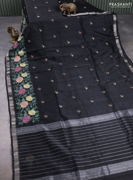 Mangalgiri silk cotton saree black with embroidery floral buttas and embroidery border