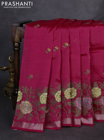 Mangalgiri silk cotton saree dark pink with embroidery floral buttas and embroidery border