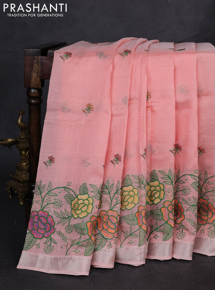 Mangalgiri silk cotton saree peach shade with embroidery floral buttas and embroidery border