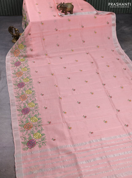 Mangalgiri silk cotton saree peach shade with embroidery floral buttas and embroidery border