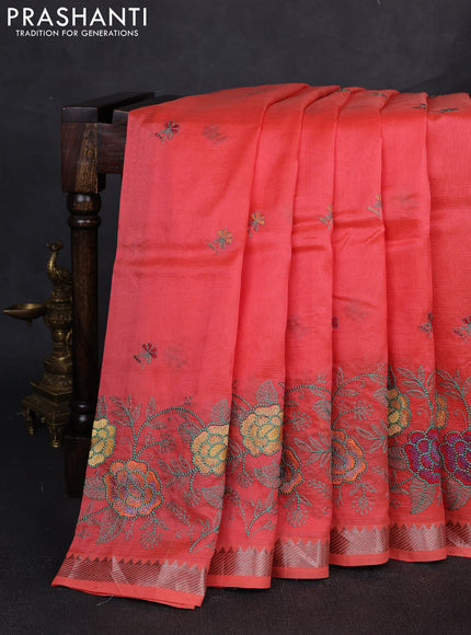 Mangalgiri silk cotton saree peach orange with embroidery floral buttas and embroidery border