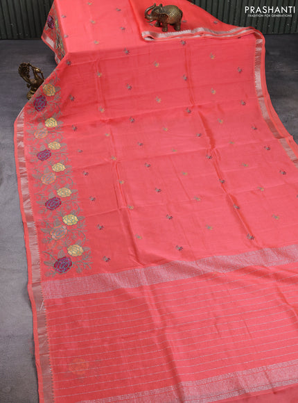 Mangalgiri silk cotton saree peach orange with embroidery floral buttas and embroidery border