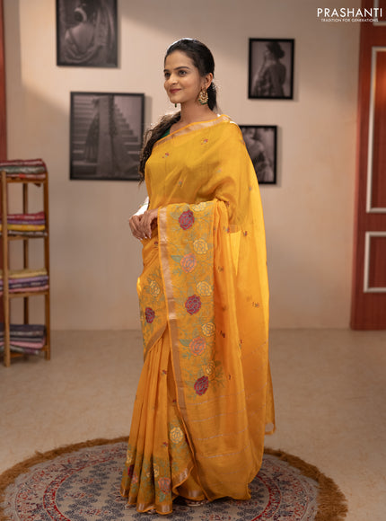 Mangalgiri silk cotton saree mustard yellow with embroidery floral buttas and embroidery border