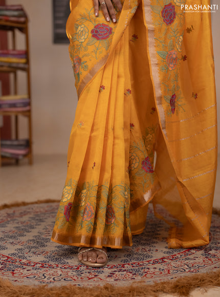 Mangalgiri silk cotton saree mustard yellow with embroidery floral buttas and embroidery border