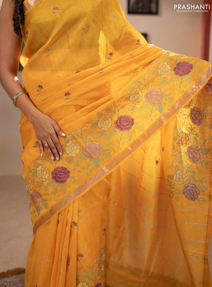 Mangalgiri silk cotton saree mustard yellow with embroidery floral buttas and embroidery border