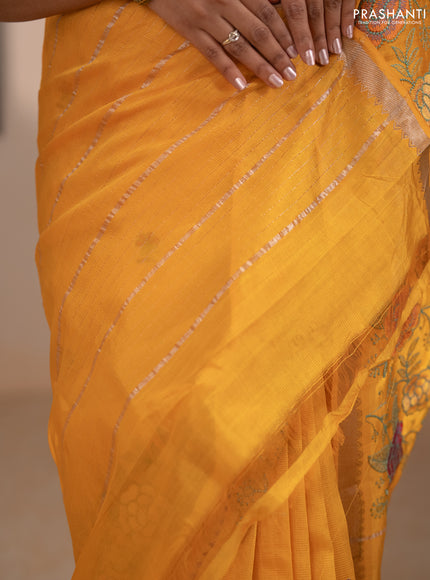 Mangalgiri silk cotton saree mustard yellow with embroidery floral buttas and embroidery border