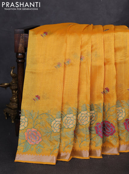 Mangalgiri silk cotton saree mustard yellow with embroidery floral buttas and embroidery border