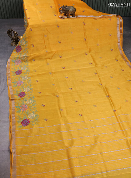 Mangalgiri silk cotton saree mustard yellow with embroidery floral buttas and embroidery border