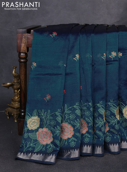 Mangalgiri silk cotton saree peacock green with embroidery floral buttas and embroidery border