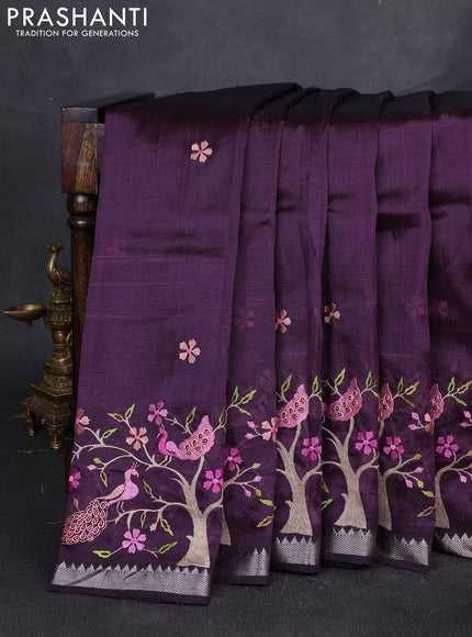 Mangalgiri silk cotton saree deep purple with embroidery floral buttas and embroidery border