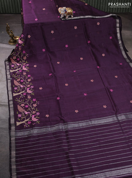 Mangalgiri silk cotton saree deep purple with embroidery floral buttas and embroidery border