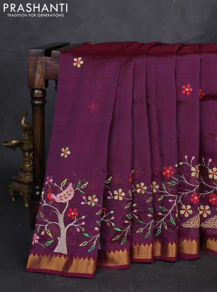 Mangalgiri silk cotton saree wine with embroidery floral buttas and embroidery border