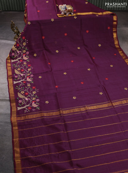 Mangalgiri silk cotton saree wine with embroidery floral buttas and embroidery border