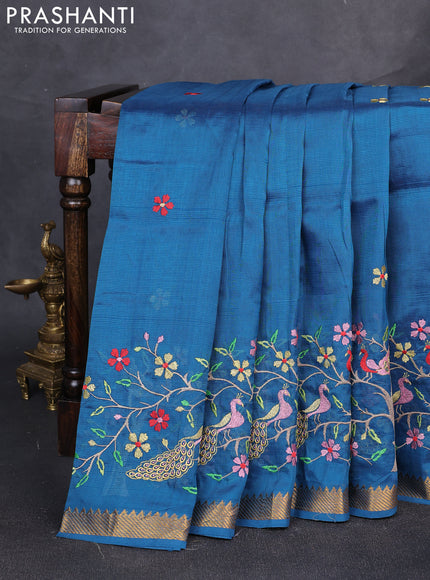 Mangalgiri silk cotton saree peacock blue with embroidery floral buttas and embroidery border