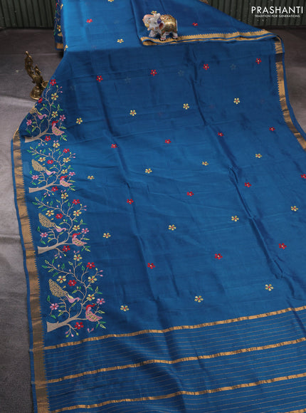 Mangalgiri silk cotton saree peacock blue with embroidery floral buttas and embroidery border