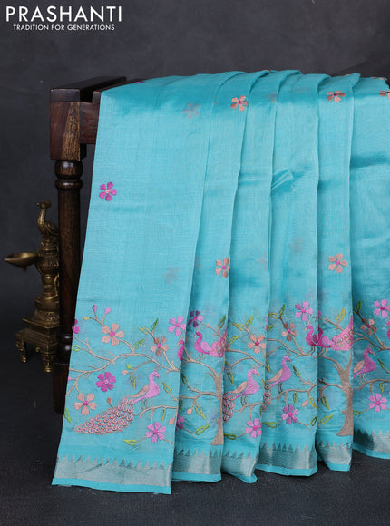 Mangalgiri silk cotton saree teal blue with embroidery floral buttas and embroidery border
