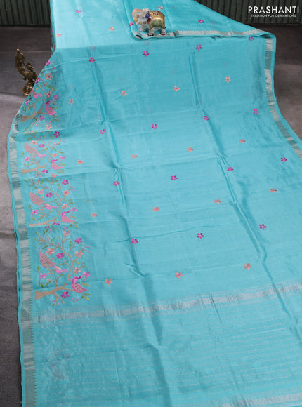 Mangalgiri silk cotton saree teal blue with embroidery floral buttas and embroidery border