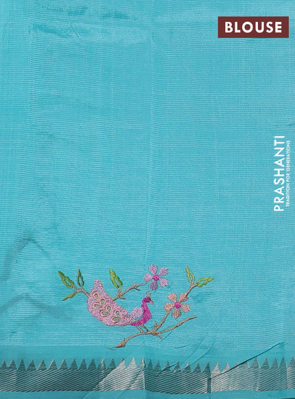 Mangalgiri silk cotton saree teal blue with embroidery floral buttas and embroidery border