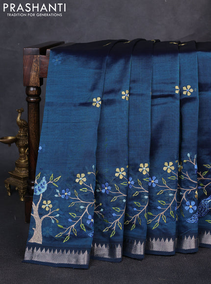 Mangalgiri silk cotton saree peacock green with embroidery floral buttas and embroidery border