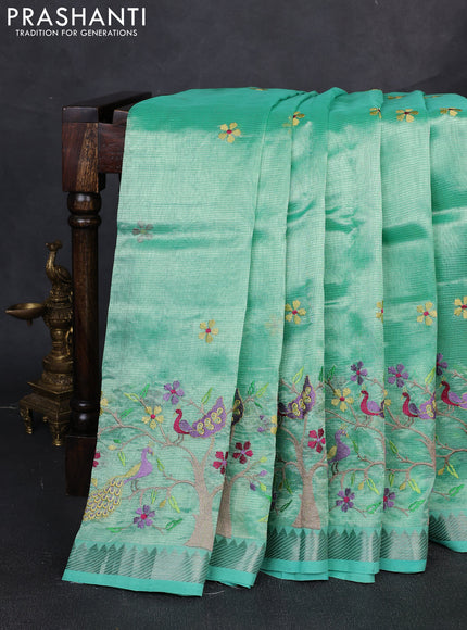 Mangalgiri silk cotton saree teal green with embroidery floral buttas and embroidery border