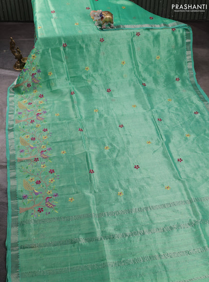 Mangalgiri silk cotton saree teal green with embroidery floral buttas and embroidery border