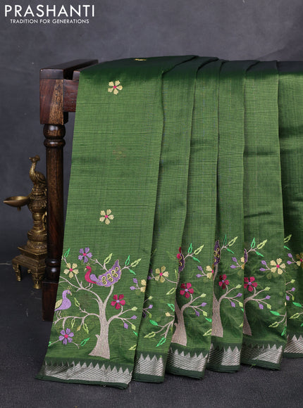 Mangalgiri silk cotton saree mehendi green with embroidery floral buttas and embroidery border