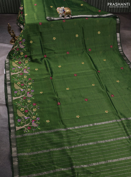 Mangalgiri silk cotton saree mehendi green with embroidery floral buttas and embroidery border