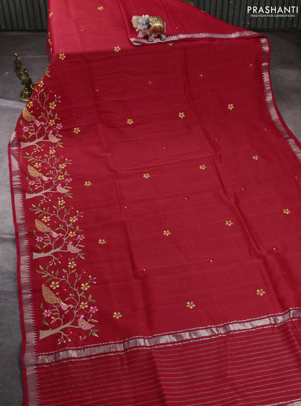Mangalgiri silk cotton saree red with embroidery floral buttas and embroidery border
